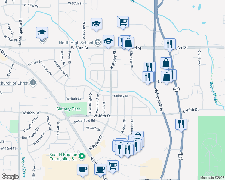 map of restaurants, bars, coffee shops, grocery stores, and more near 310 Colony Drive in Davenport