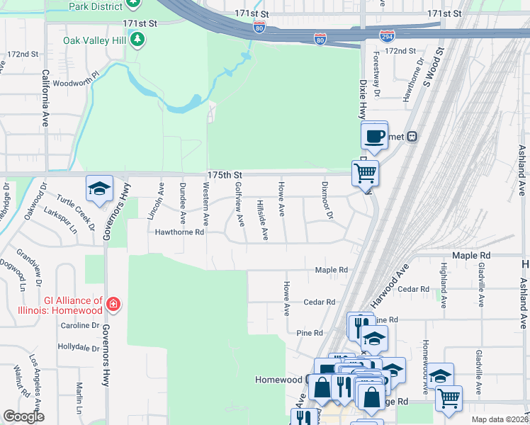 map of restaurants, bars, coffee shops, grocery stores, and more near 17614 Hillside Avenue in Homewood
