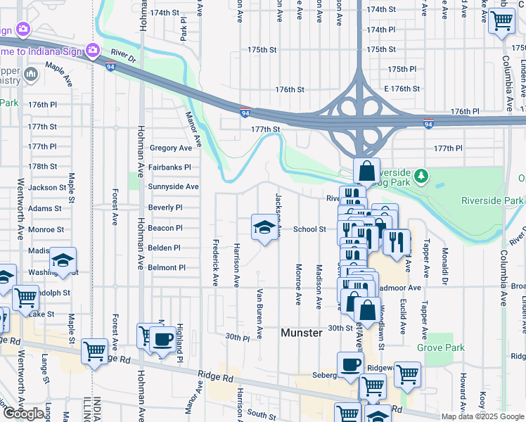 map of restaurants, bars, coffee shops, grocery stores, and more near 7901 Van Buren Avenue in Munster