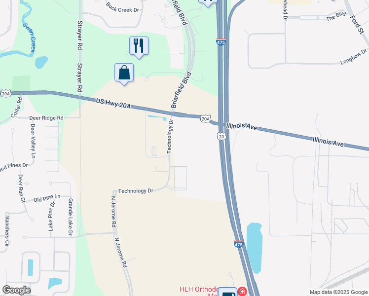 map of restaurants, bars, coffee shops, grocery stores, and more near 3857 Technology Drive in Maumee