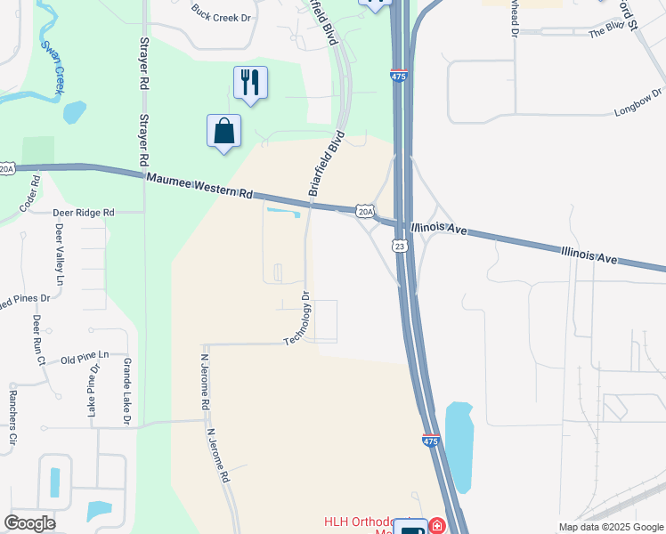 map of restaurants, bars, coffee shops, grocery stores, and more near 3857 Technology Drive in Maumee