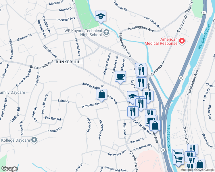 map of restaurants, bars, coffee shops, grocery stores, and more near 315 Bunker Hill Avenue in Waterbury