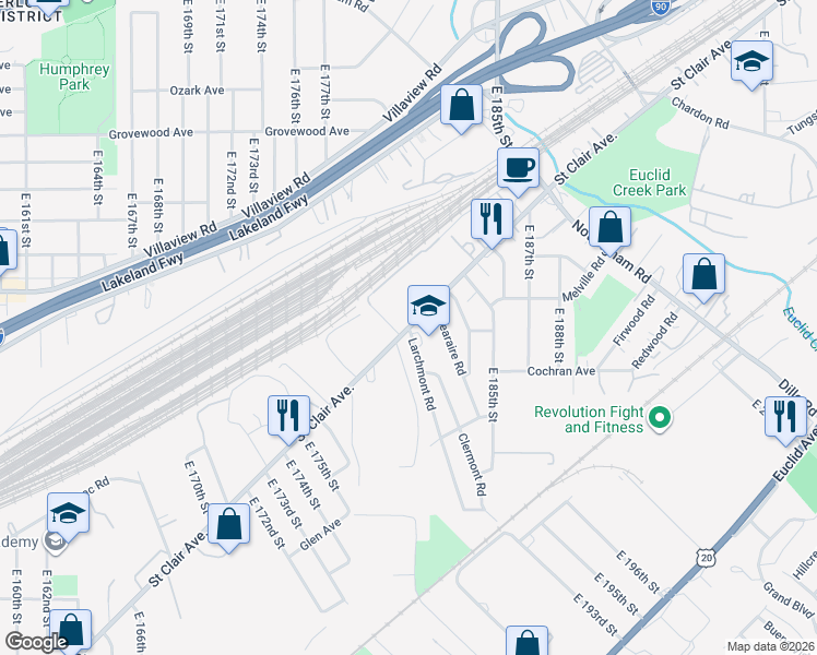 map of restaurants, bars, coffee shops, grocery stores, and more near St Clair Ave & Larchmont Rd in Cleveland