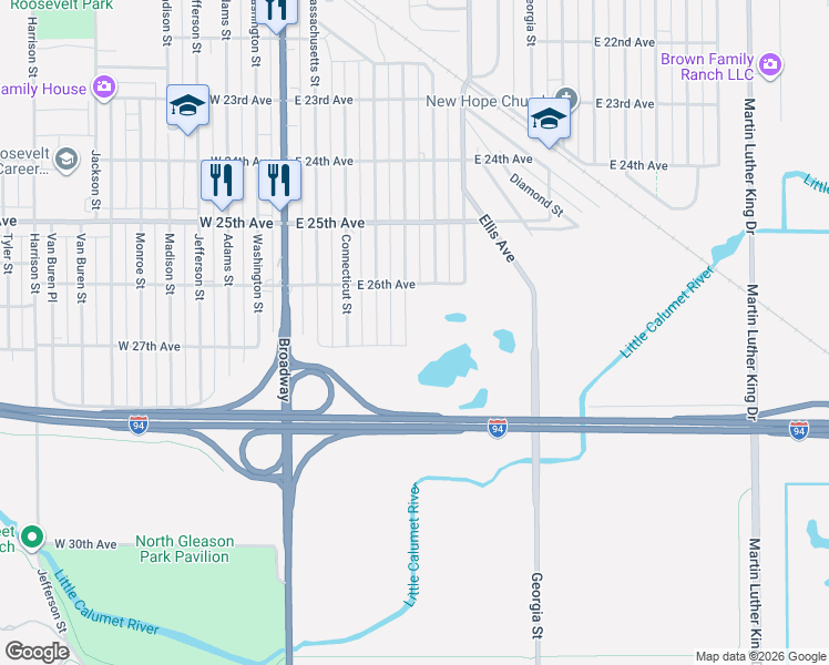 map of restaurants, bars, coffee shops, grocery stores, and more near 411 East 27th Avenue in Gary