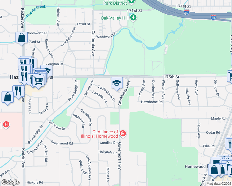 map of restaurants, bars, coffee shops, grocery stores, and more near 17518 Butternut Road in Hazel Crest