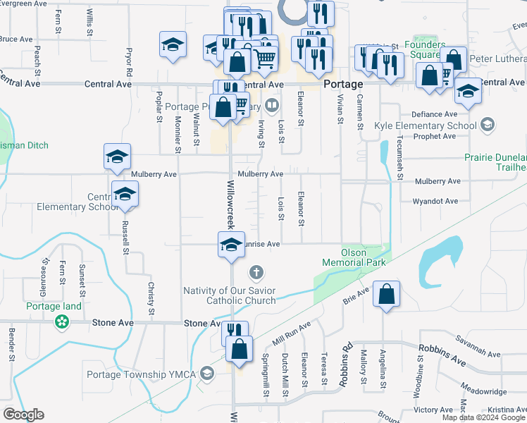 map of restaurants, bars, coffee shops, grocery stores, and more near 2831 Irving Street in Portage