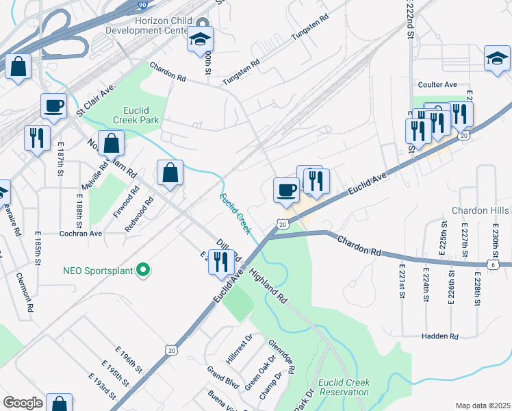map of restaurants, bars, coffee shops, grocery stores, and more near 20701 Euclid Avenue in Euclid