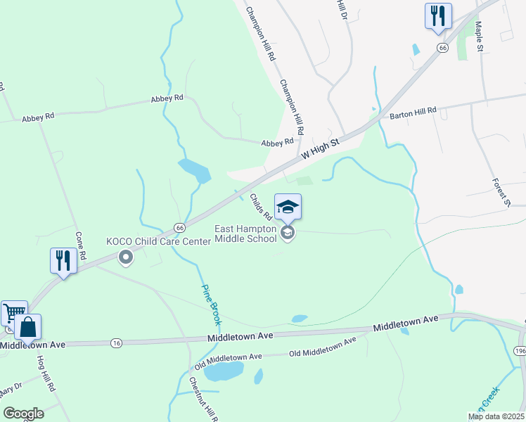 map of restaurants, bars, coffee shops, grocery stores, and more near 19 Childs Road in East Hampton