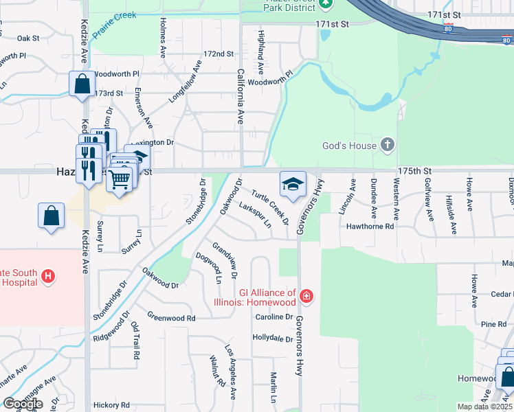 map of restaurants, bars, coffee shops, grocery stores, and more near 2718 Cherrywood Place in Hazel Crest