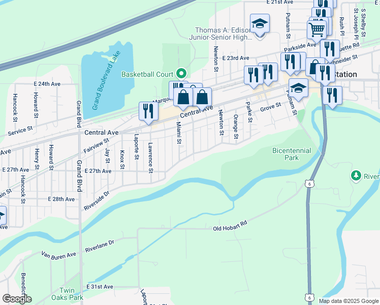 map of restaurants, bars, coffee shops, grocery stores, and more near 2651 Montgomery Street in Gary