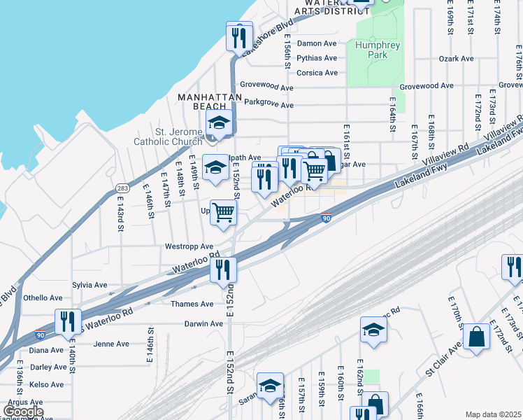 map of restaurants, bars, coffee shops, grocery stores, and more near 15319 Waterloo Road in Cleveland