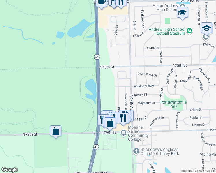 map of restaurants, bars, coffee shops, grocery stores, and more near 8800 159th Street in Orland Hills
