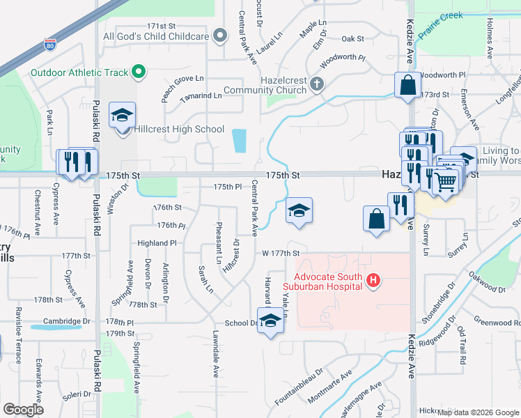 map of restaurants, bars, coffee shops, grocery stores, and more near 17603 Central Park Avenue in Hazel Crest