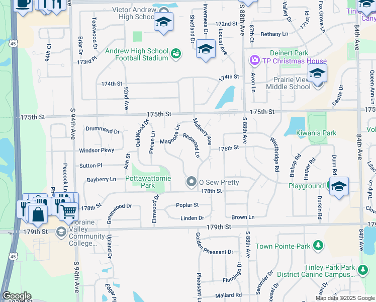 map of restaurants, bars, coffee shops, grocery stores, and more near 17625 Rosewood Lane in Tinley Park