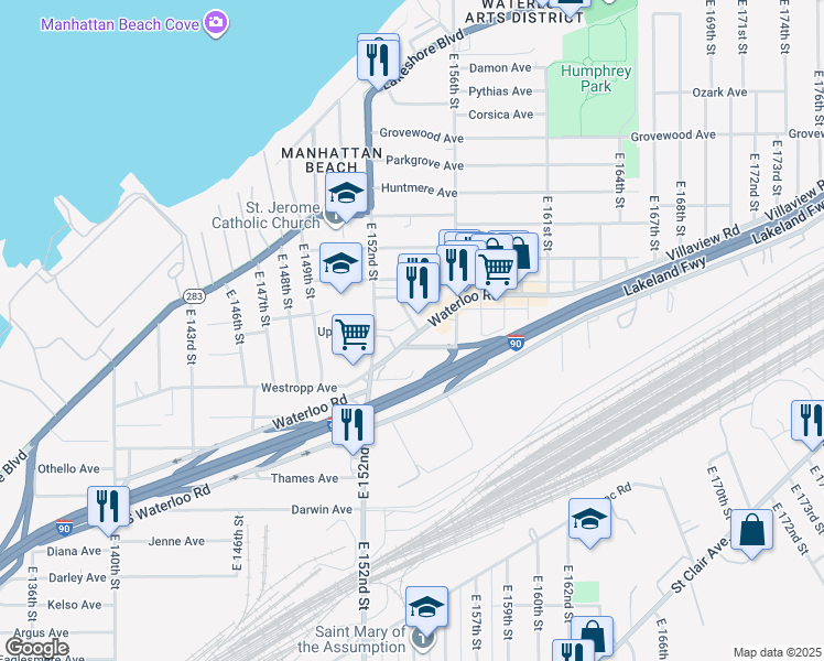 map of restaurants, bars, coffee shops, grocery stores, and more near 15319 Waterloo Road in Cleveland