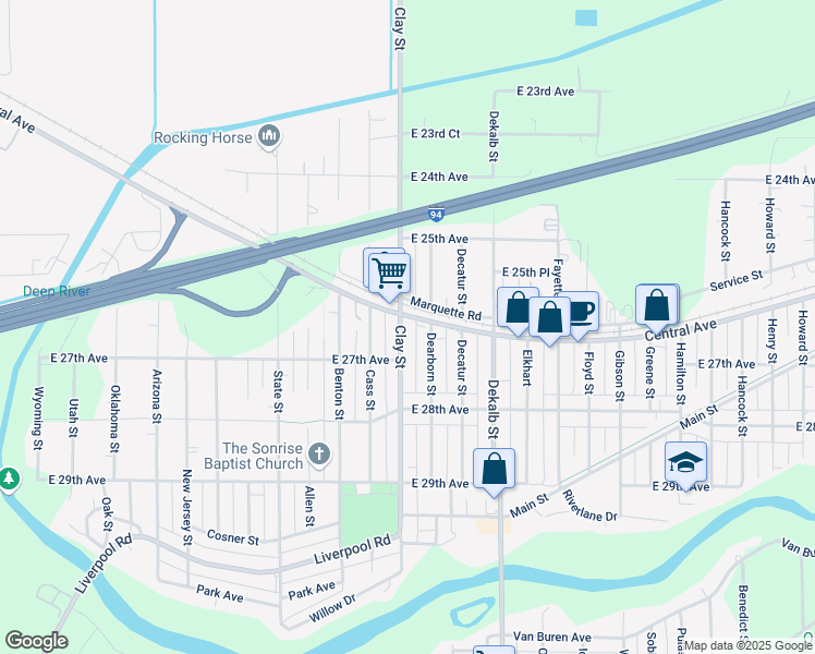 map of restaurants, bars, coffee shops, grocery stores, and more near 2643 Clay Street in Gary