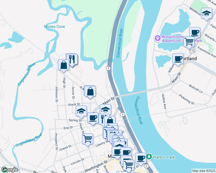 map of restaurants, bars, coffee shops, grocery stores, and more near 22 Miller Street in Middletown
