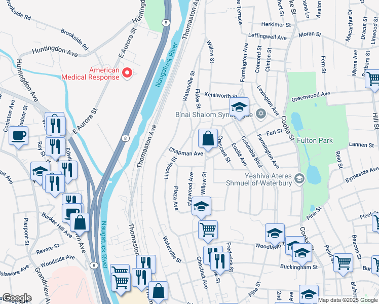 map of restaurants, bars, coffee shops, grocery stores, and more near 32 Wildwood Avenue in Waterbury