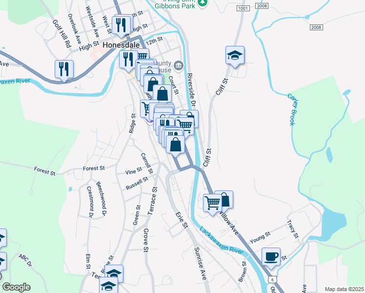 map of restaurants, bars, coffee shops, grocery stores, and more near 119 5th Street in Honesdale