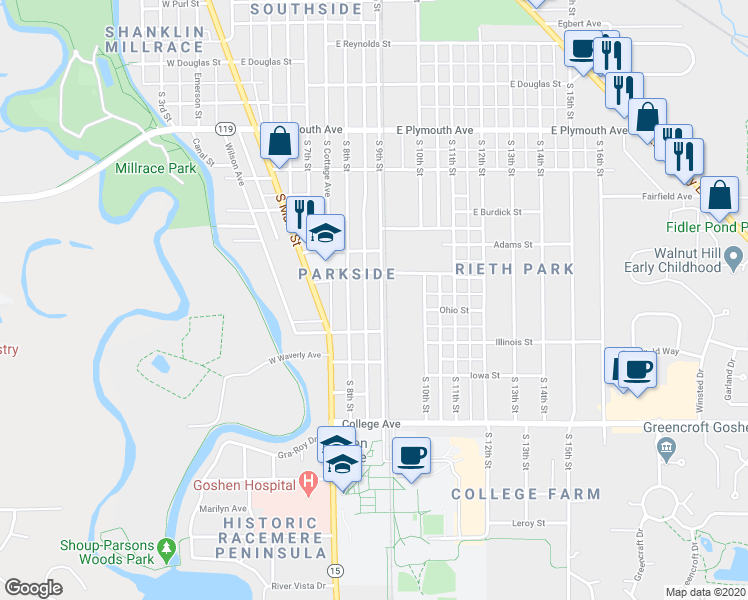 map of restaurants, bars, coffee shops, grocery stores, and more near 1407 South 9th Street in Goshen