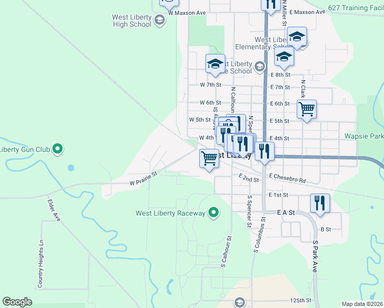 map of restaurants, bars, coffee shops, grocery stores, and more near 107 West 3rd Street in West Liberty