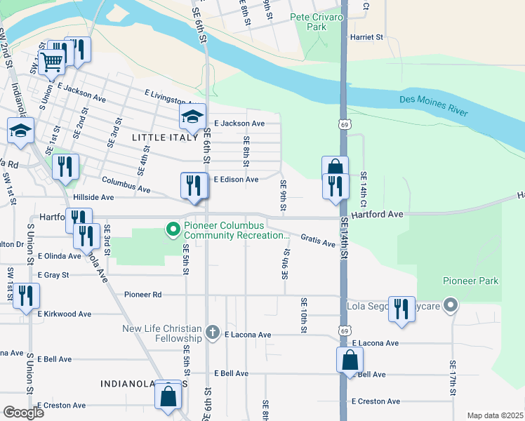 map of restaurants, bars, coffee shops, grocery stores, and more near 833 Southeast 8th Court in Des Moines