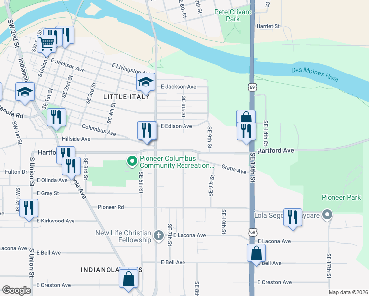 map of restaurants, bars, coffee shops, grocery stores, and more near 2014 Southeast 8th Street in Des Moines