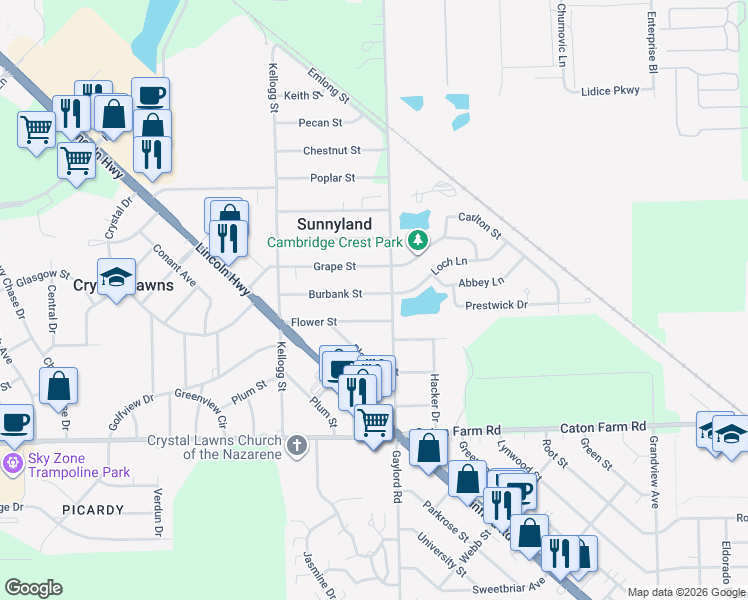 map of restaurants, bars, coffee shops, grocery stores, and more near 2400 Burbank Street in Joliet