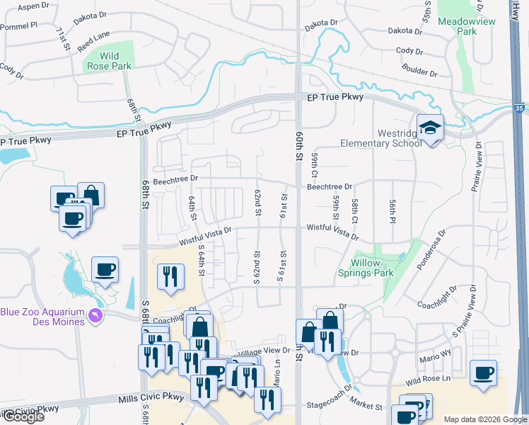 map of restaurants, bars, coffee shops, grocery stores, and more near 106 61st Street in West Des Moines