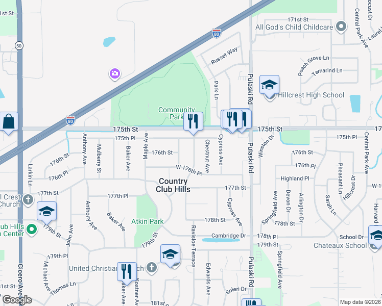 map of restaurants, bars, coffee shops, grocery stores, and more near 17552 Sycamore Avenue in Country Club Hills