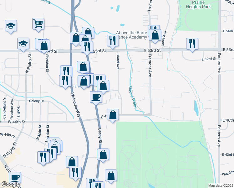 map of restaurants, bars, coffee shops, grocery stores, and more near 4808 Grand Avenue in Davenport