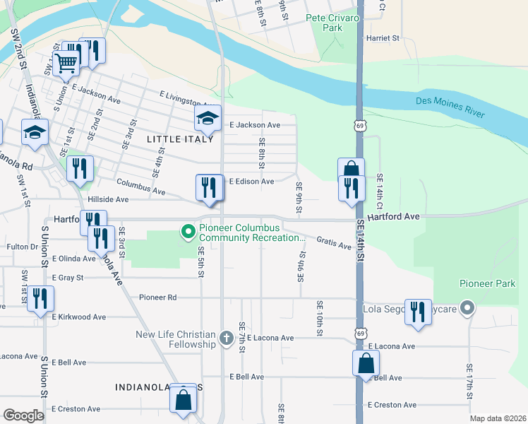 map of restaurants, bars, coffee shops, grocery stores, and more near 2014 Southeast 8th Street in Des Moines