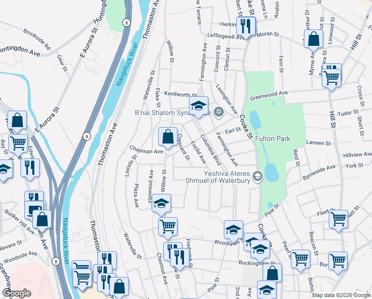 map of restaurants, bars, coffee shops, grocery stores, and more near 42 Crescent Street in Waterbury