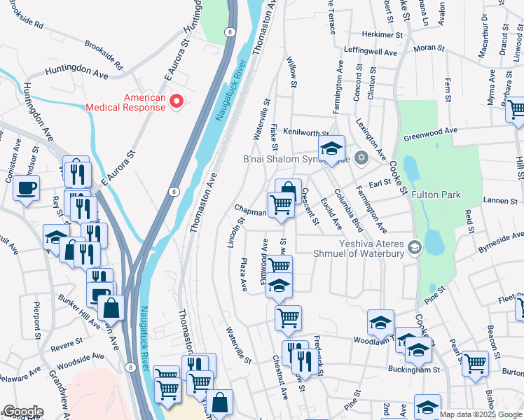 map of restaurants, bars, coffee shops, grocery stores, and more near 32 Wildwood Avenue in Waterbury