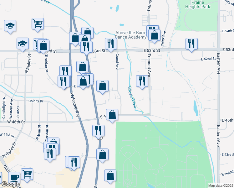 map of restaurants, bars, coffee shops, grocery stores, and more near 4800 Grand Avenue in Davenport