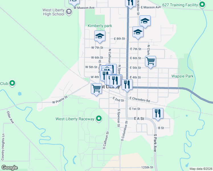map of restaurants, bars, coffee shops, grocery stores, and more near 107 West 3rd Street in West Liberty