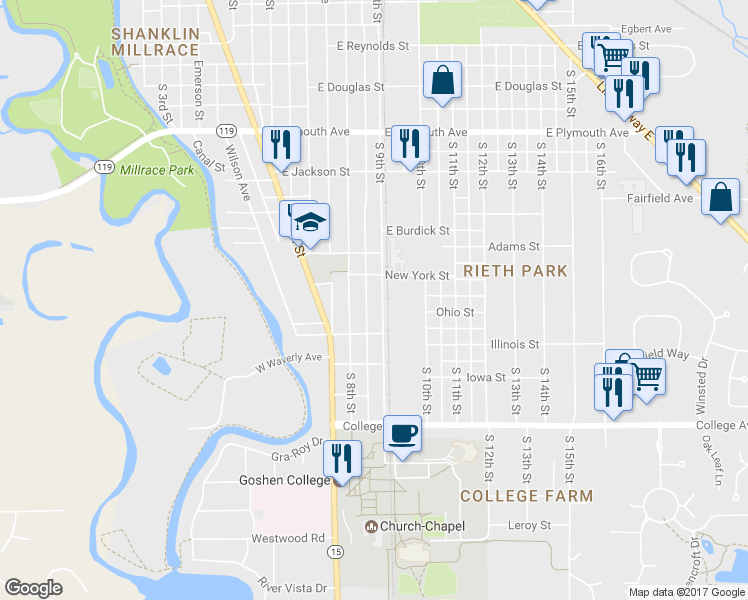 map of restaurants, bars, coffee shops, grocery stores, and more near 1407 South 9th Street in Goshen
