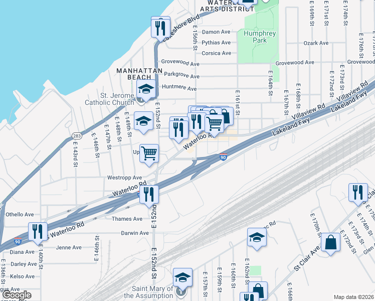 map of restaurants, bars, coffee shops, grocery stores, and more near 15426 Calcutta Avenue in Cleveland