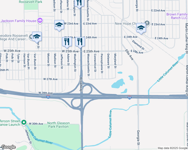 map of restaurants, bars, coffee shops, grocery stores, and more near 2704 Connecticut St in Gary