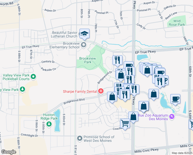 map of restaurants, bars, coffee shops, grocery stores, and more near 6314 Beechtree Lane in West Des Moines