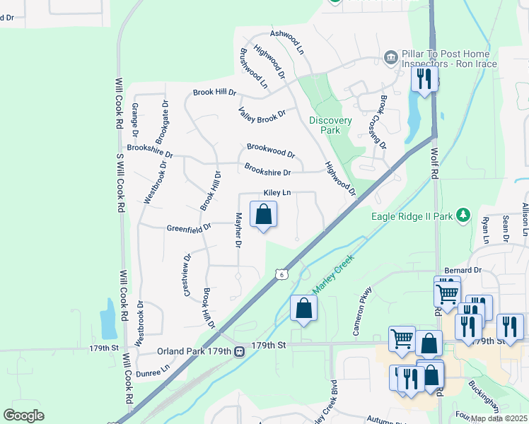 map of restaurants, bars, coffee shops, grocery stores, and more near 17600 Kelsey Lane in Orland Park