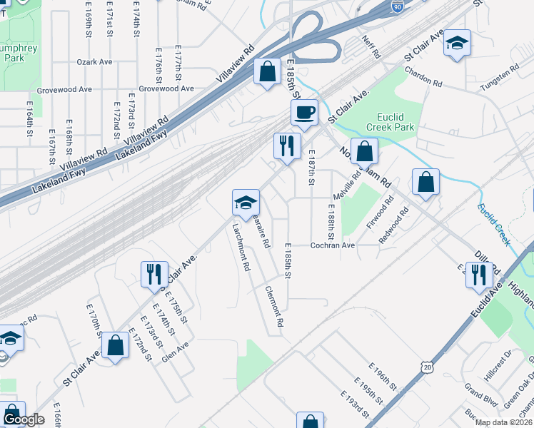 map of restaurants, bars, coffee shops, grocery stores, and more near 1394 Clearaire Road in Cleveland
