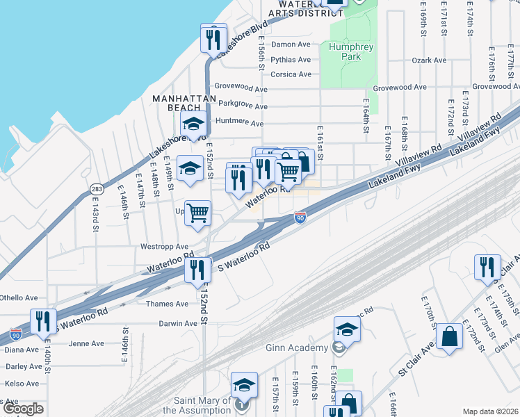 map of restaurants, bars, coffee shops, grocery stores, and more near 451 East 156th Street in Cleveland