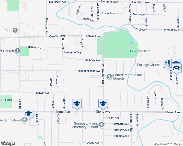 map of restaurants, bars, coffee shops, grocery stores, and more near 5401-5499 Meadow Ave in Portage