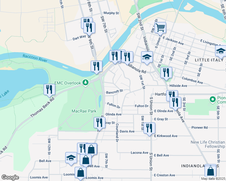 map of restaurants, bars, coffee shops, grocery stores, and more near 600 Hillside Avenue in Des Moines