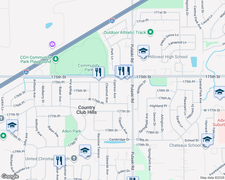 map of restaurants, bars, coffee shops, grocery stores, and more near 17607 Chestnut Avenue in Country Club Hills