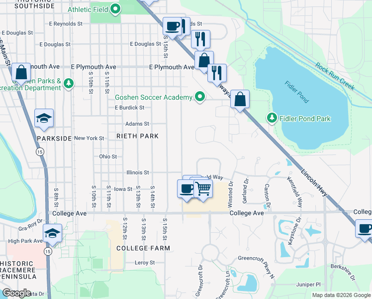 map of restaurants, bars, coffee shops, grocery stores, and more near 1402 South 16th Street in Goshen