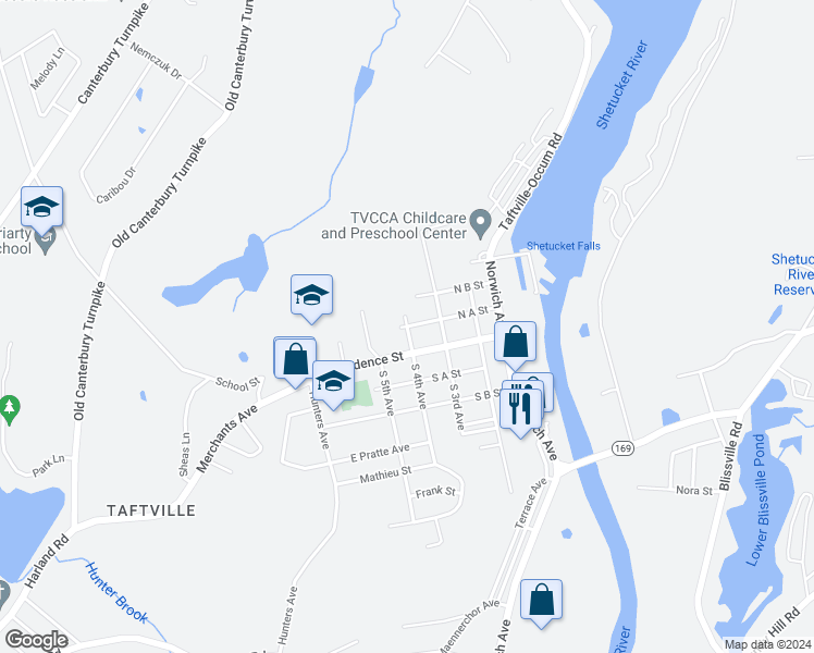 map of restaurants, bars, coffee shops, grocery stores, and more near 4 North 4th Avenue in Norwich