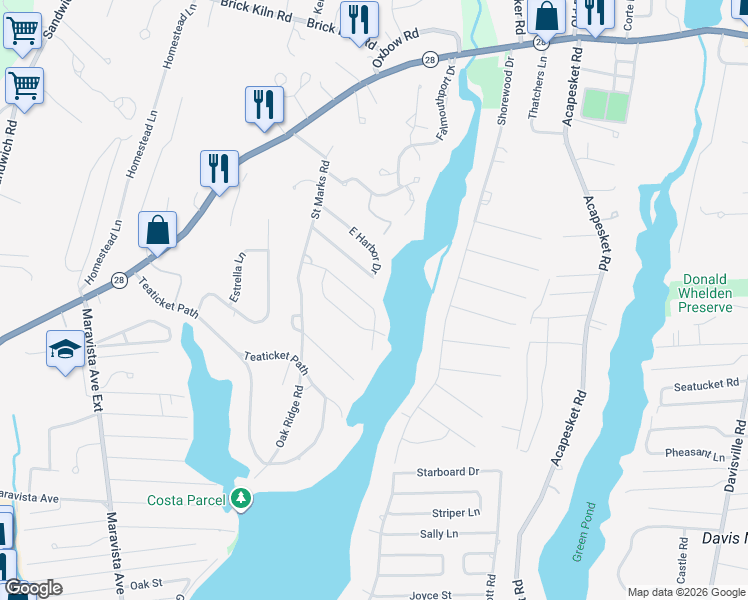map of restaurants, bars, coffee shops, grocery stores, and more near 46 Rivers End Road in Falmouth