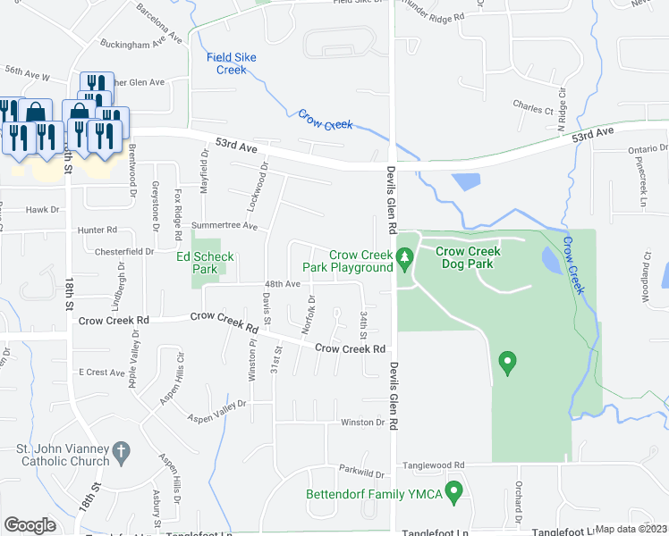 map of restaurants, bars, coffee shops, grocery stores, and more near 4889 Allen Road in Bettendorf